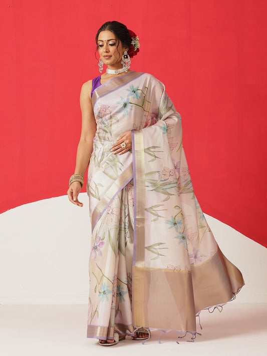 Floral Printed Soft Tissue Silk Saree With Tassels