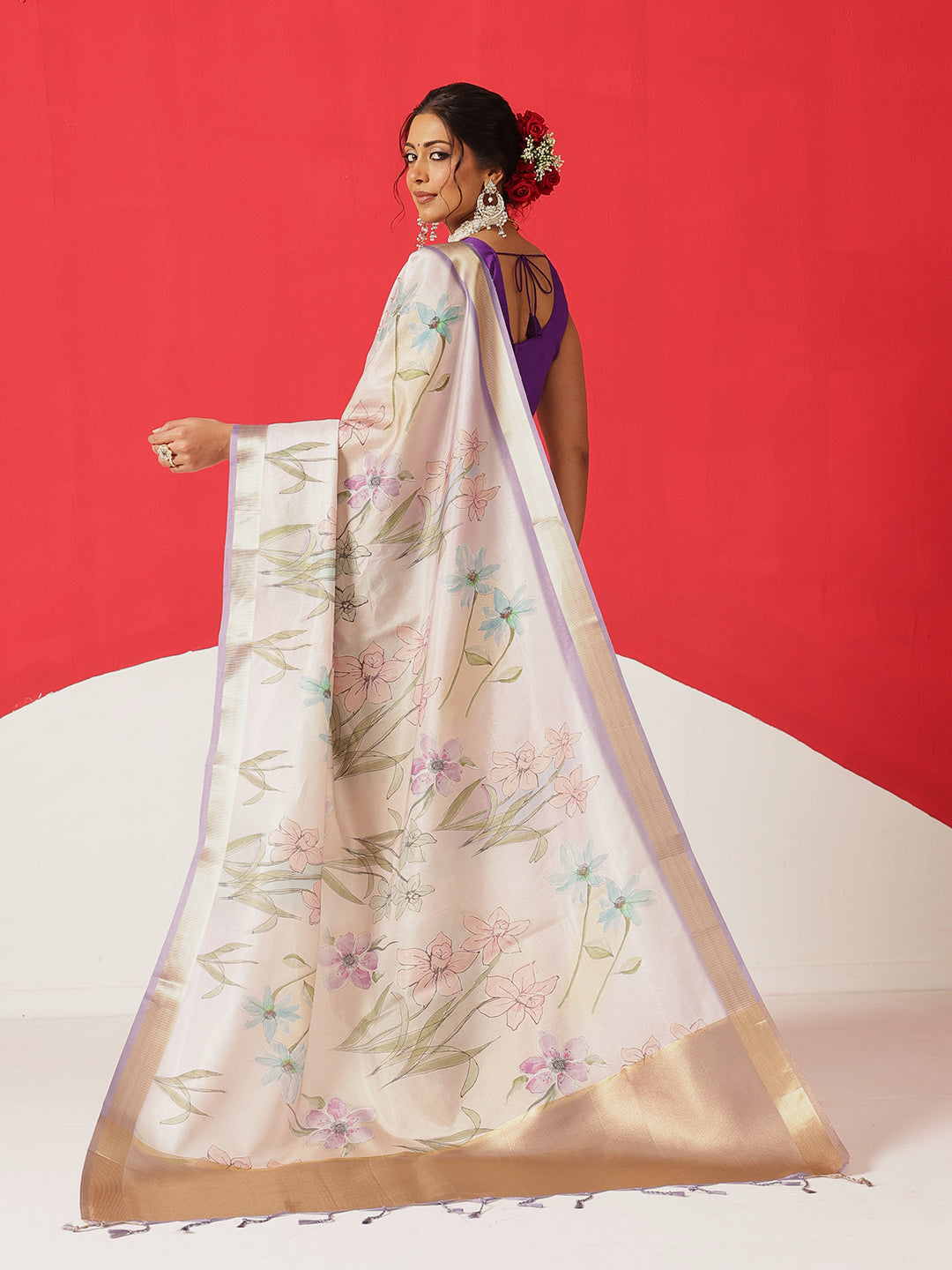 Floral Printed Soft Tissue Silk Saree With Tassels