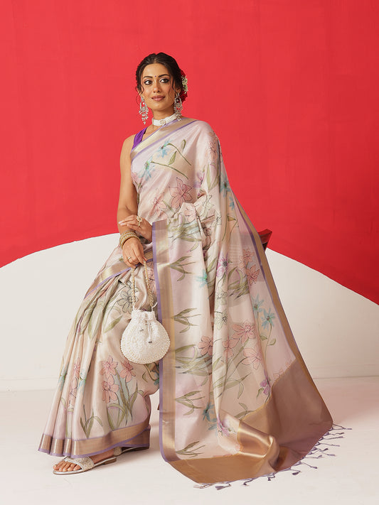 Floral Printed Soft Tissue Silk Saree With Tassels