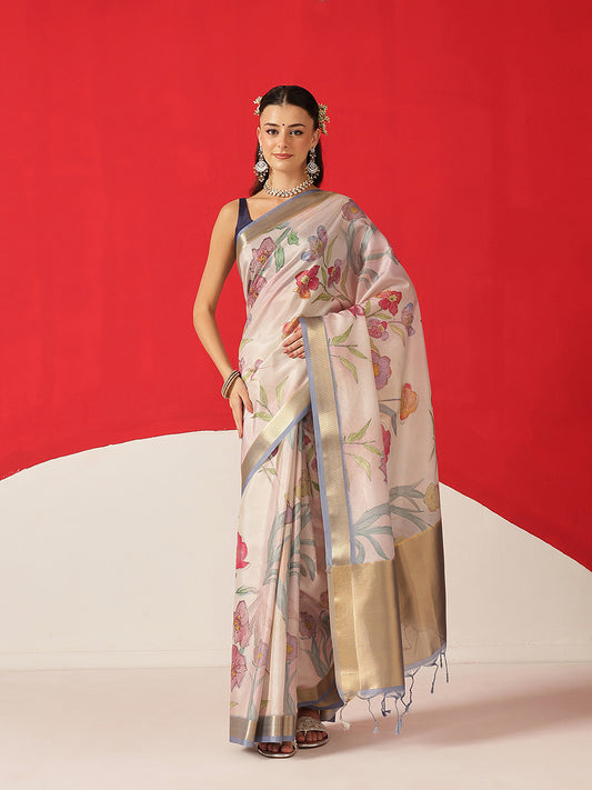 Floral Printed Soft Tissue Silk Saree With Tassels