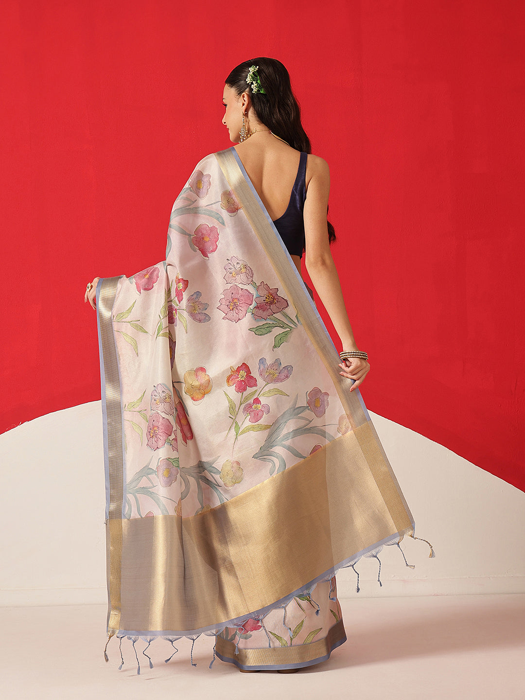 Floral Printed Soft Tissue Silk Saree With Tassels