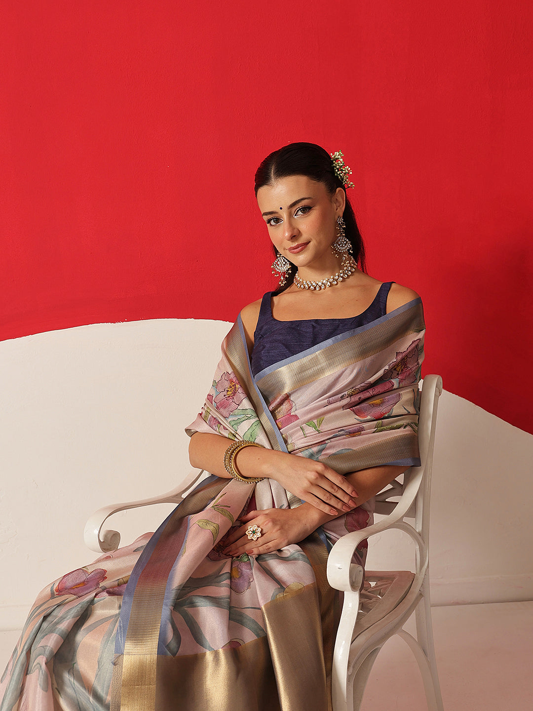 Floral Printed Soft Tissue Silk Saree With Tassels