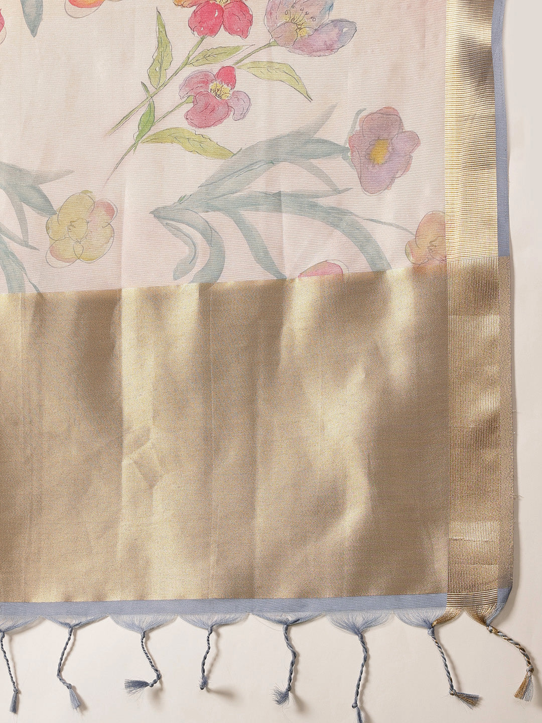 Floral Printed Soft Tissue Silk Saree With Tassels