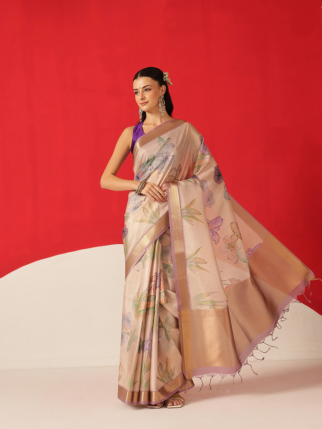 Floral Printed Soft Tissue Silk Saree With Tassels