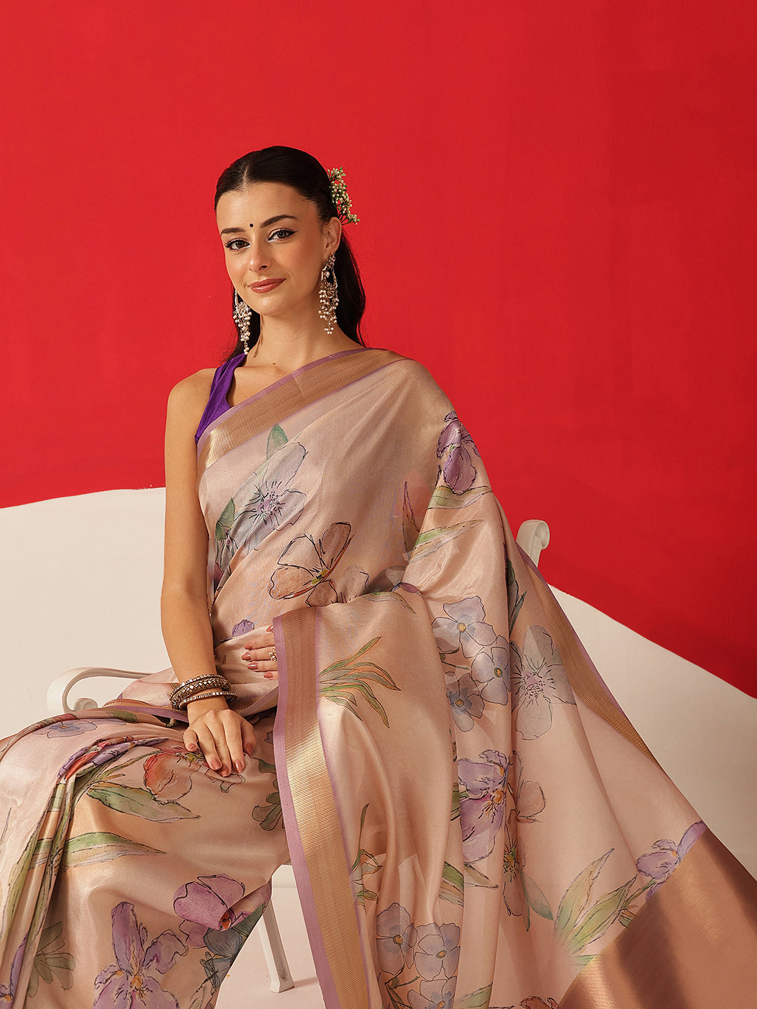 Floral Printed Soft Tissue Silk Saree With Tassels