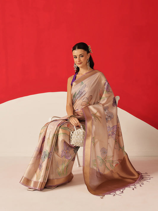 Floral Printed Soft Tissue Silk Saree With Tassels