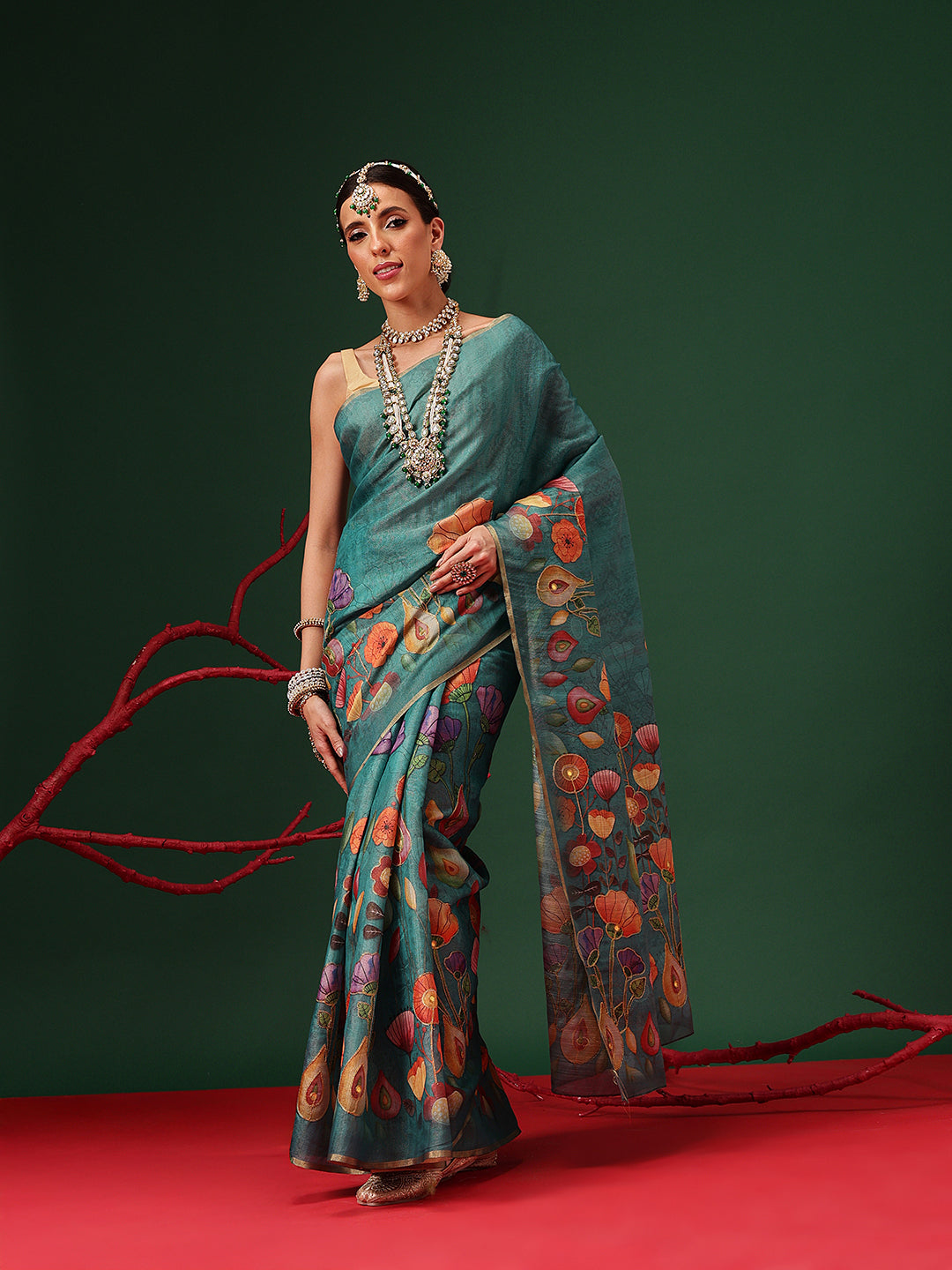 Embroidery Saree in Cotton Silk Finish with Golden Highlights