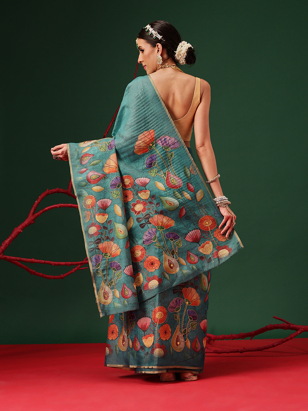 Embroidery Saree in Cotton Silk Finish with Golden Highlights
