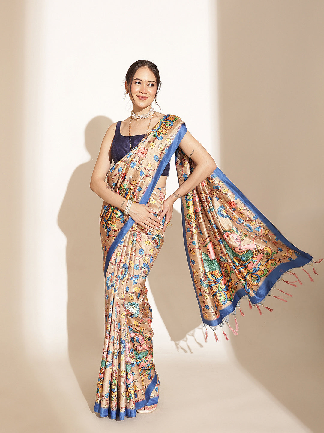 Kalamkari Printed Soft Silk Brown Saree With Beautiful Tassels