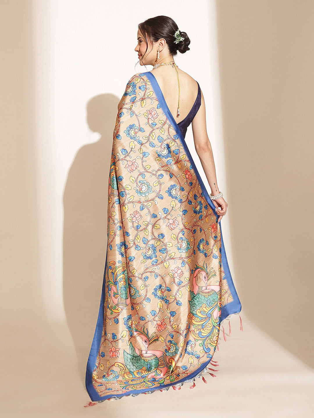 Kalamkari Printed Soft Silk Brown Saree With Beautiful Tassels