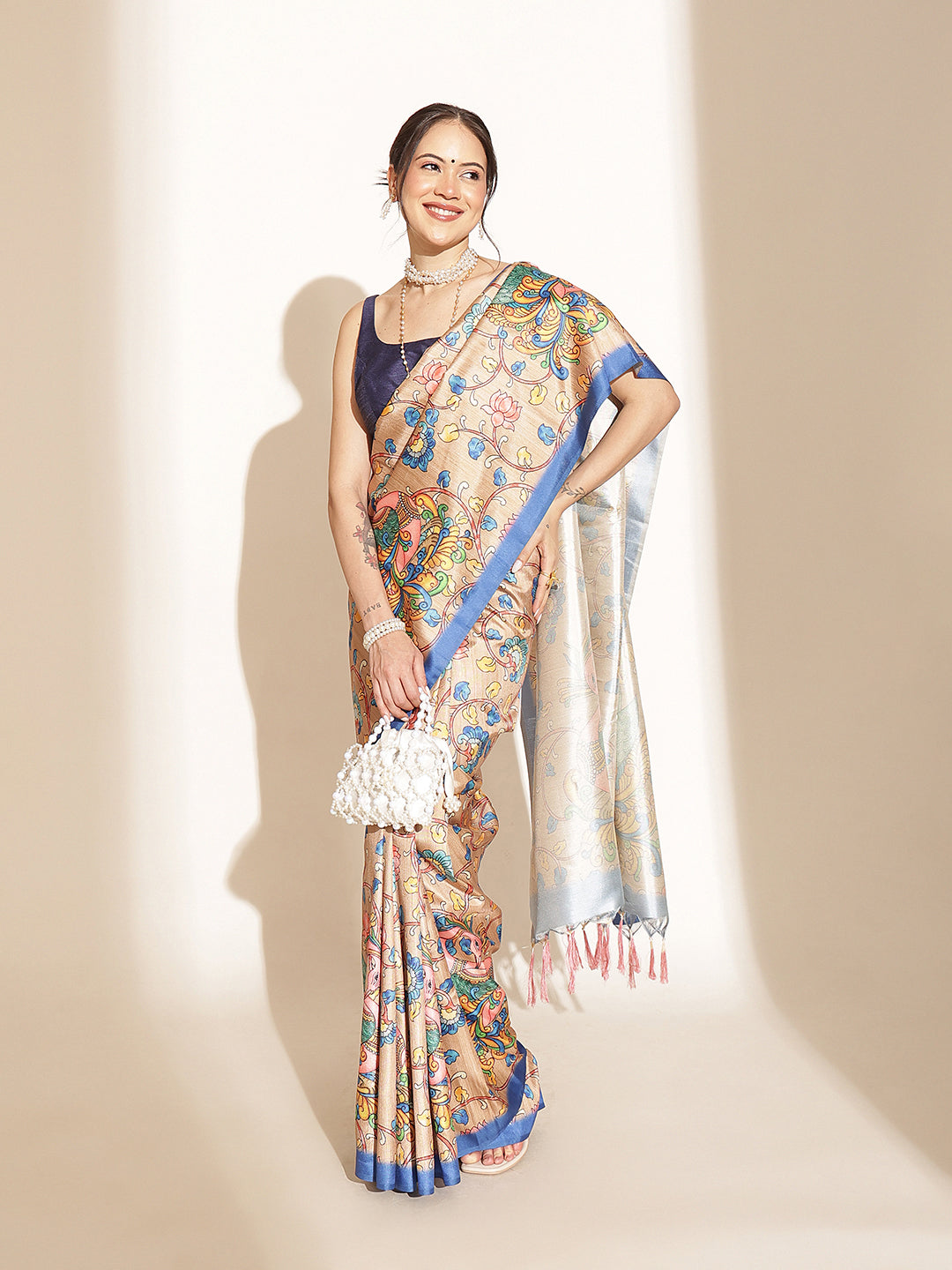 Kalamkari Printed Soft Silk Brown Saree With Beautiful Tassels