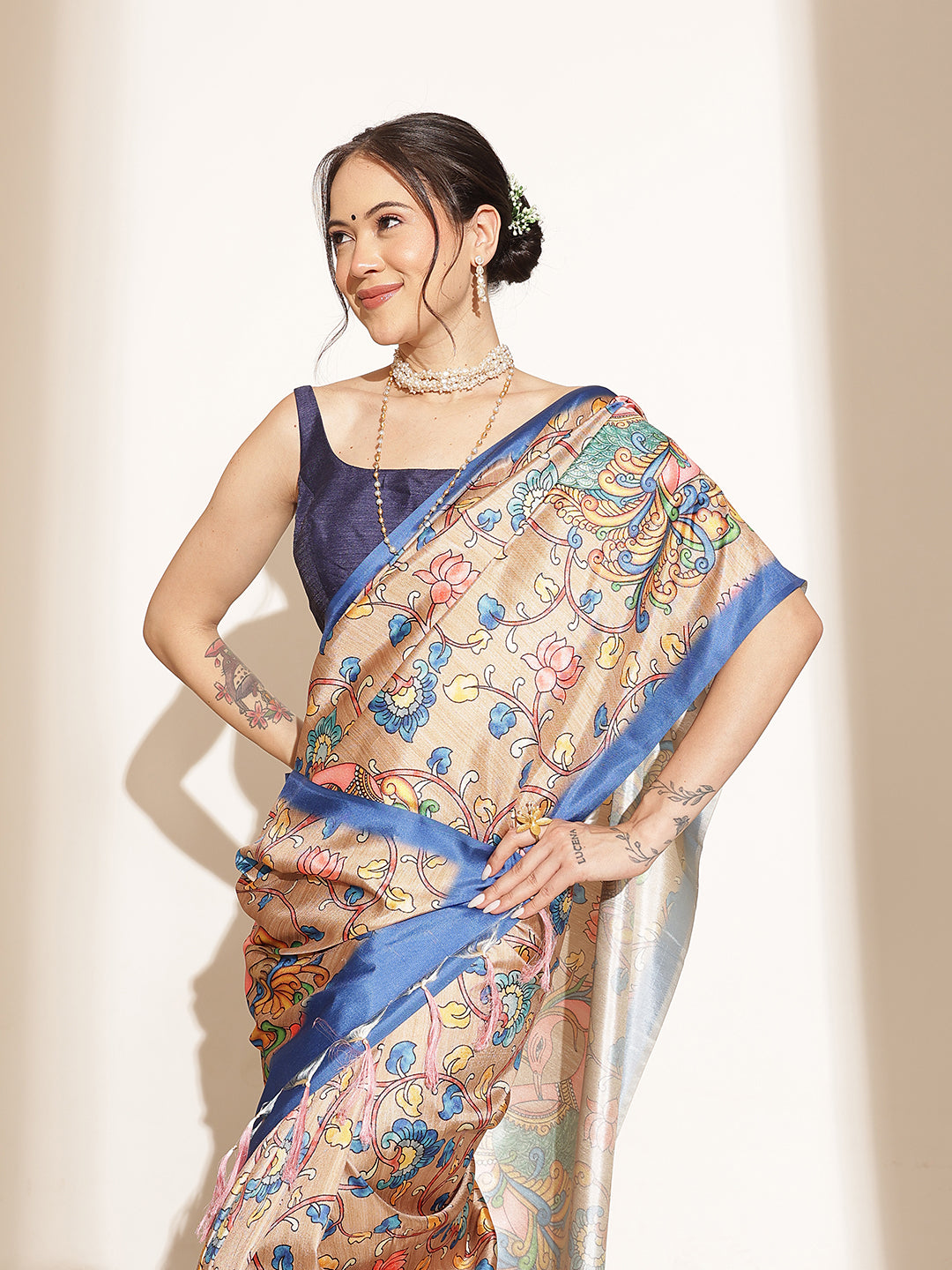 Kalamkari Printed Soft Silk Brown Saree With Beautiful Tassels