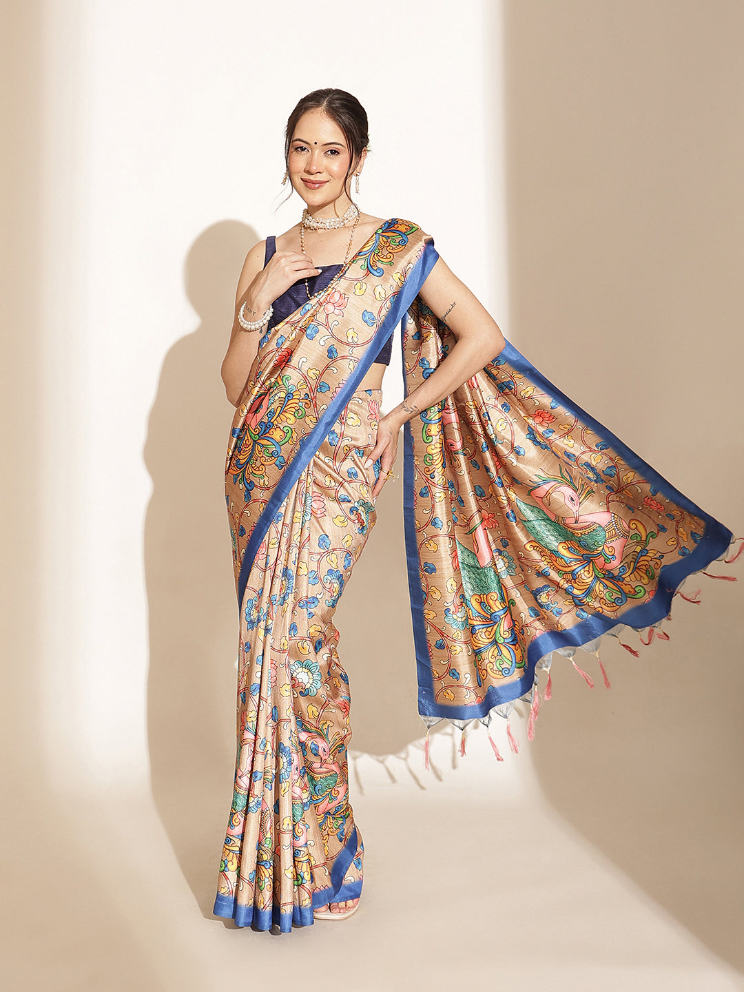 Kalamkari Printed Soft Silk Brown Saree With Beautiful Tassels