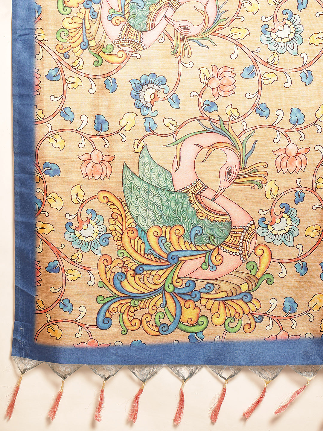 Kalamkari Printed Soft Silk Brown Saree With Beautiful Tassels