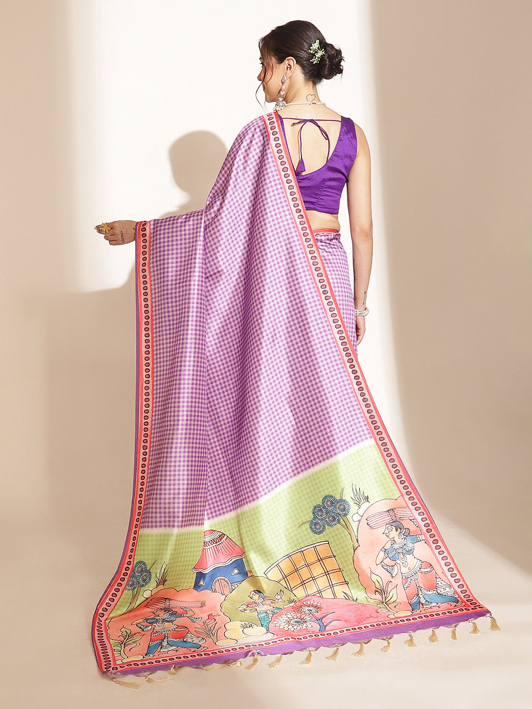 Kalamkari Printed Soft Silk Brown Saree With Beautiful Tassels