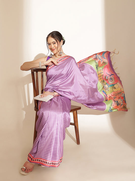 Kalamkari Printed Soft Silk Brown Saree With Beautiful Tassels
