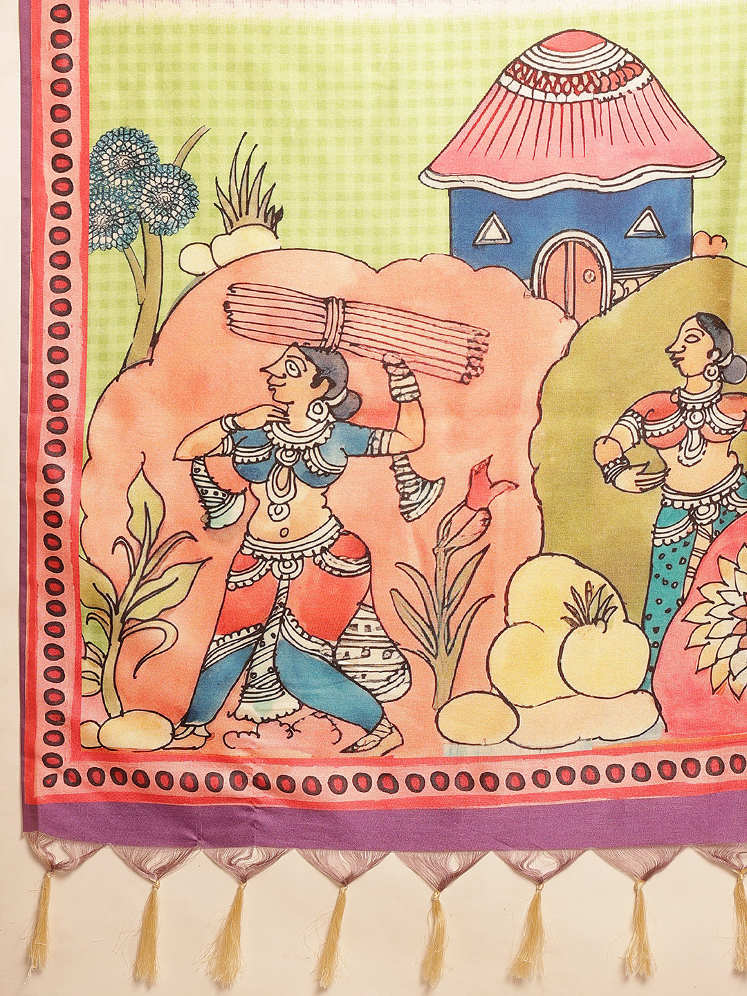 Kalamkari Printed Soft Silk Brown Saree With Beautiful Tassels