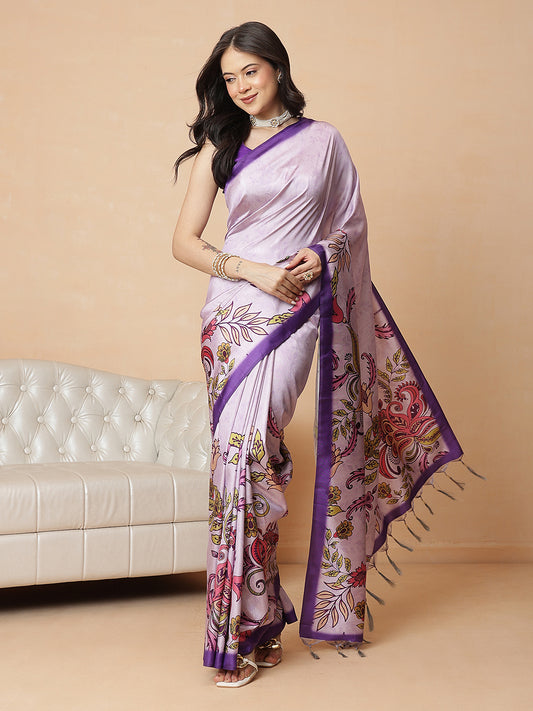 Kalamkari Printed Soft Silk Brown Saree With Beautiful Tassels