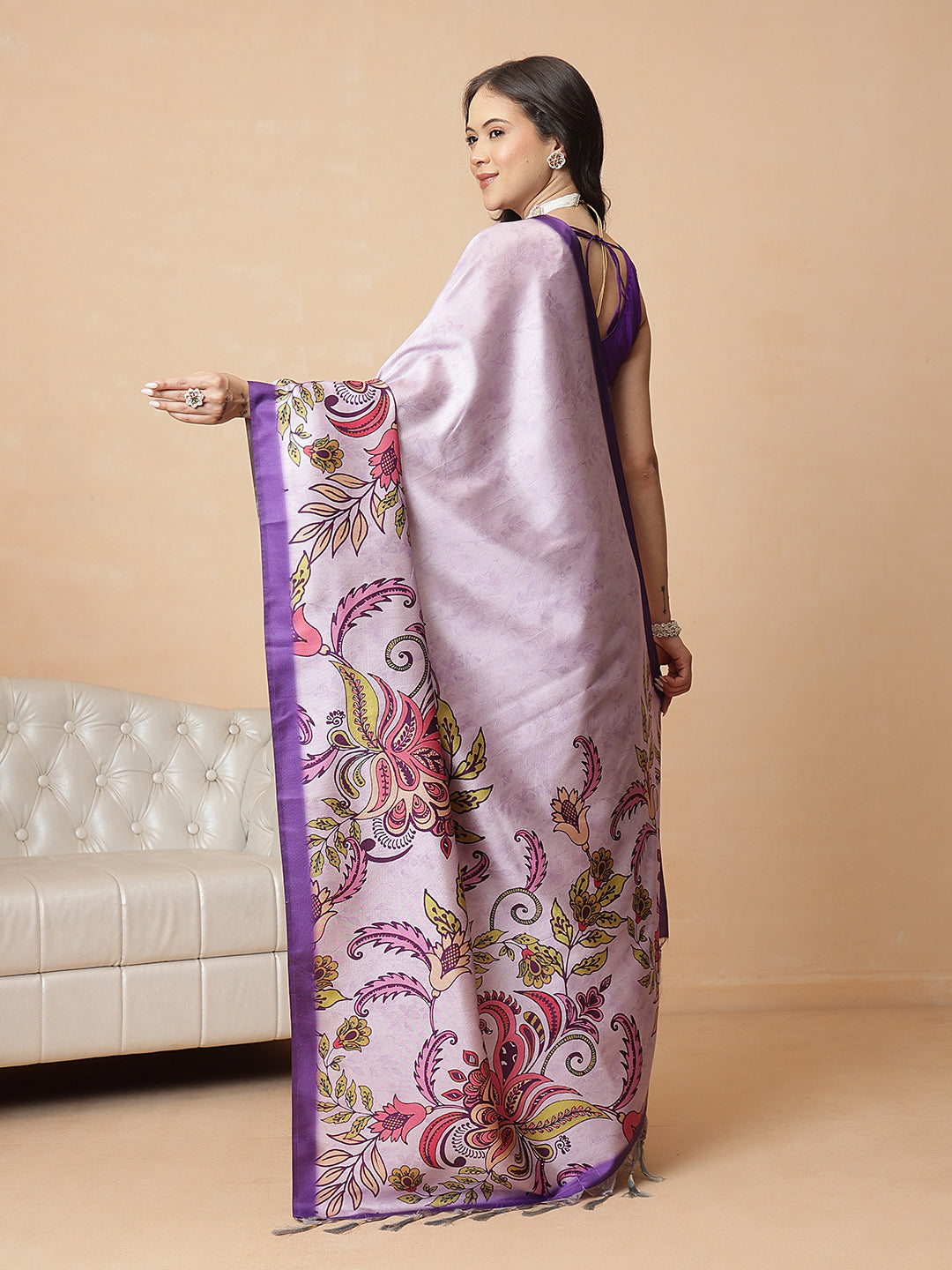 Kalamkari Printed Soft Silk Brown Saree With Beautiful Tassels