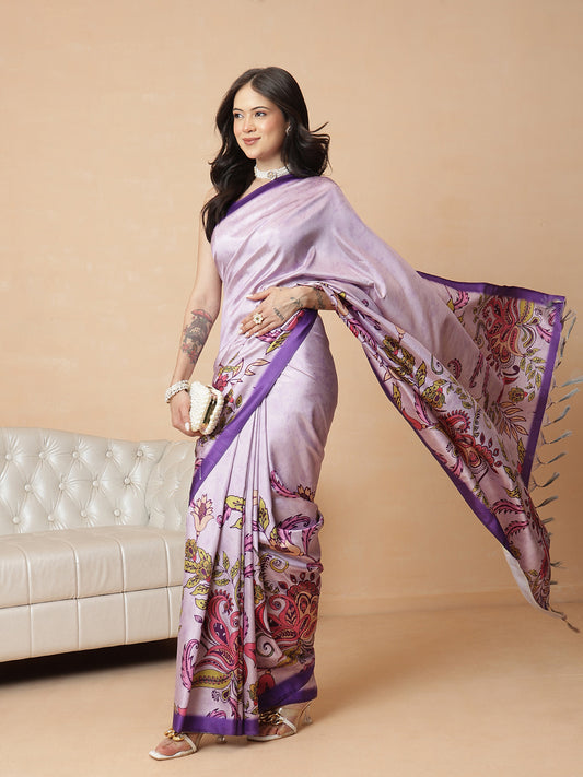 Kalamkari Printed Soft Silk Brown Saree With Beautiful Tassels