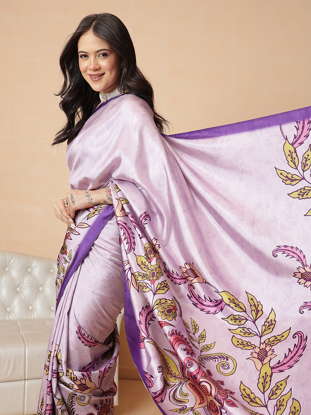 Kalamkari Printed Soft Silk Brown Saree With Beautiful Tassels