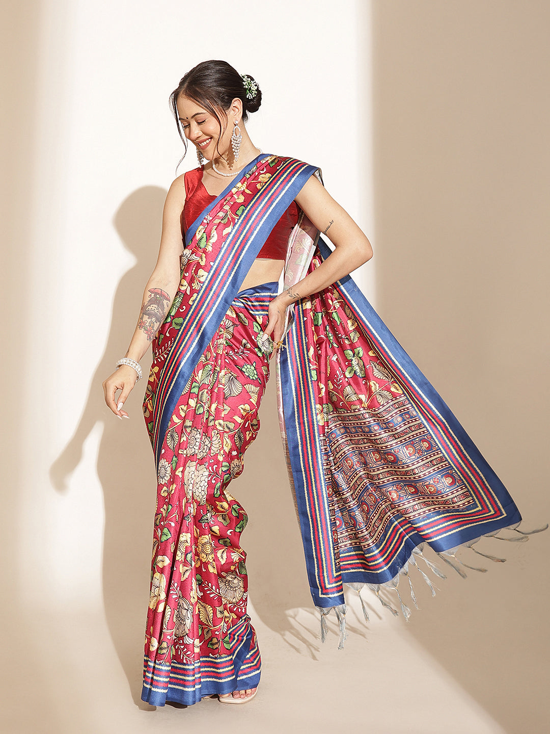 Kalamkari Printed Soft Silk Brown Saree With Beautiful Tassels