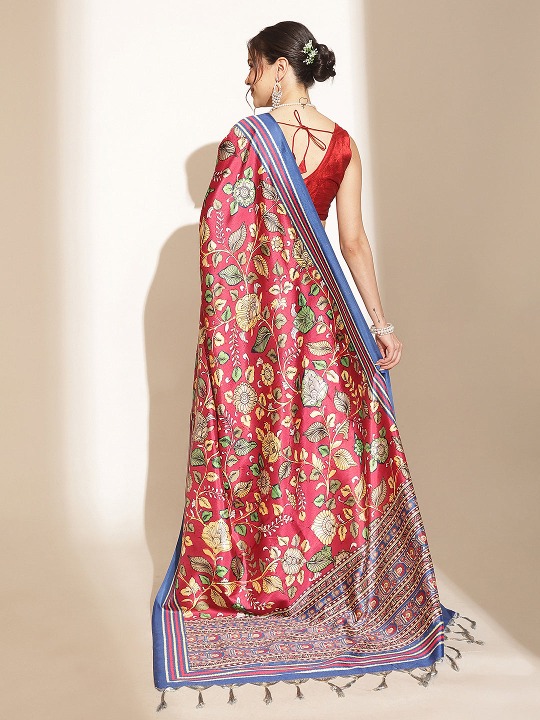 Kalamkari Printed Soft Silk Brown Saree With Beautiful Tassels