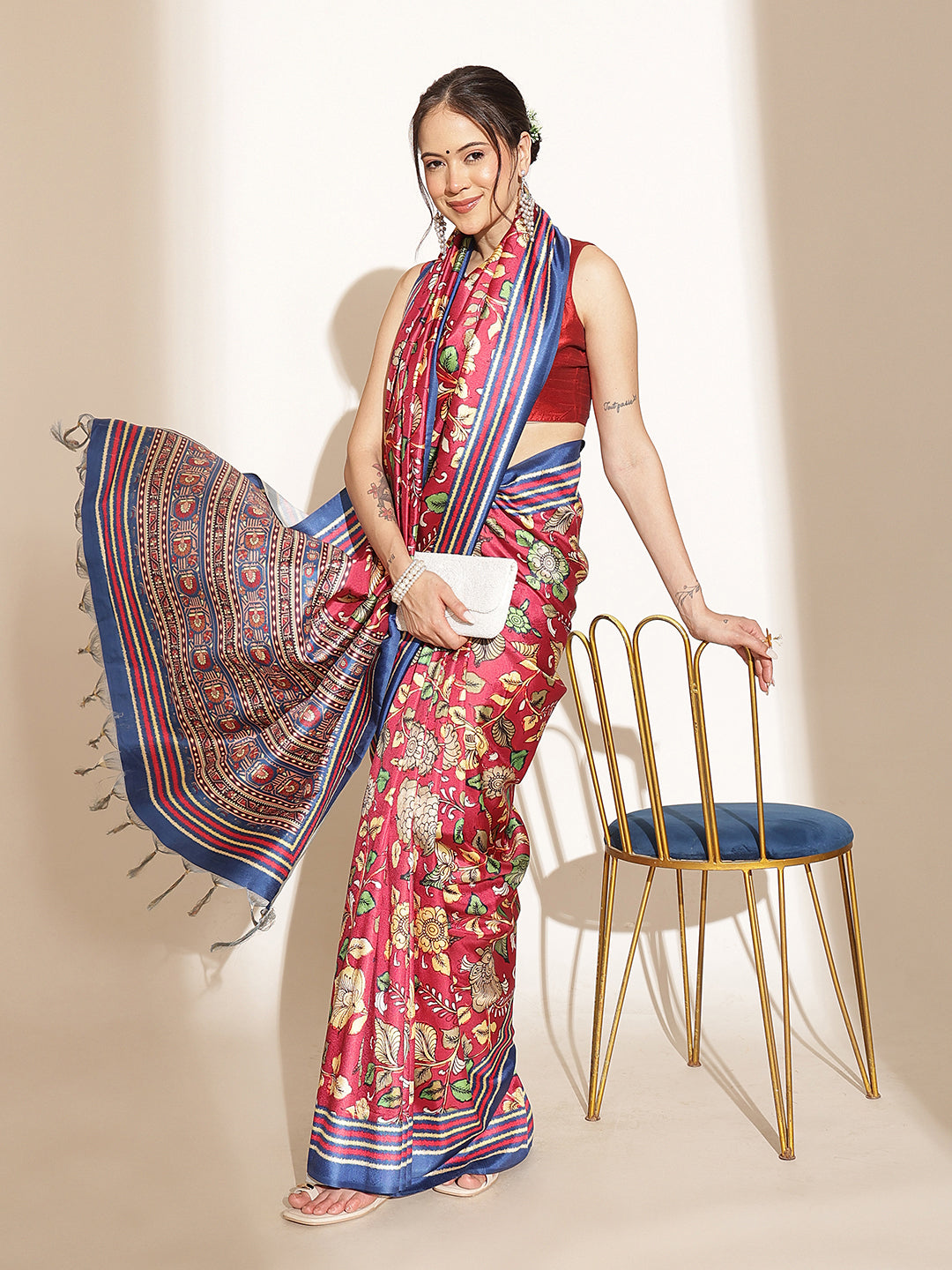 Kalamkari Printed Soft Silk Brown Saree With Beautiful Tassels