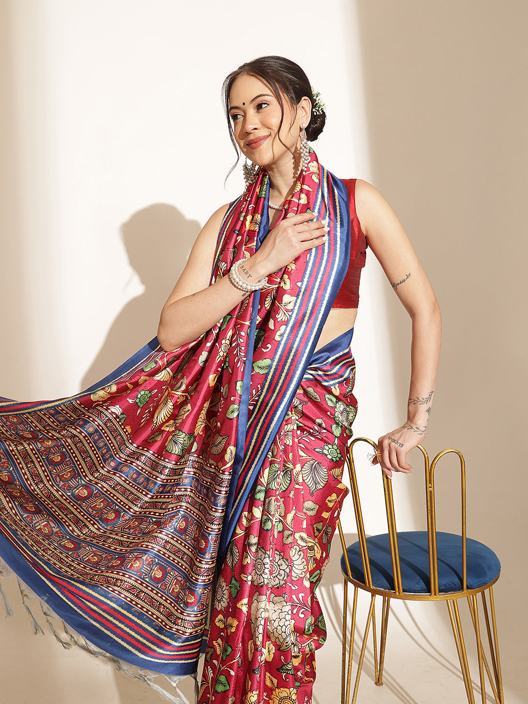 Kalamkari Printed Soft Silk Brown Saree With Beautiful Tassels