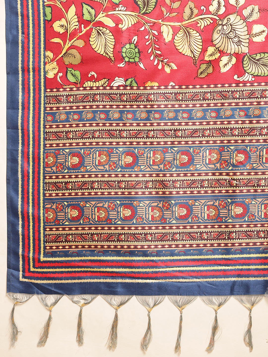 Kalamkari Printed Soft Silk Brown Saree With Beautiful Tassels