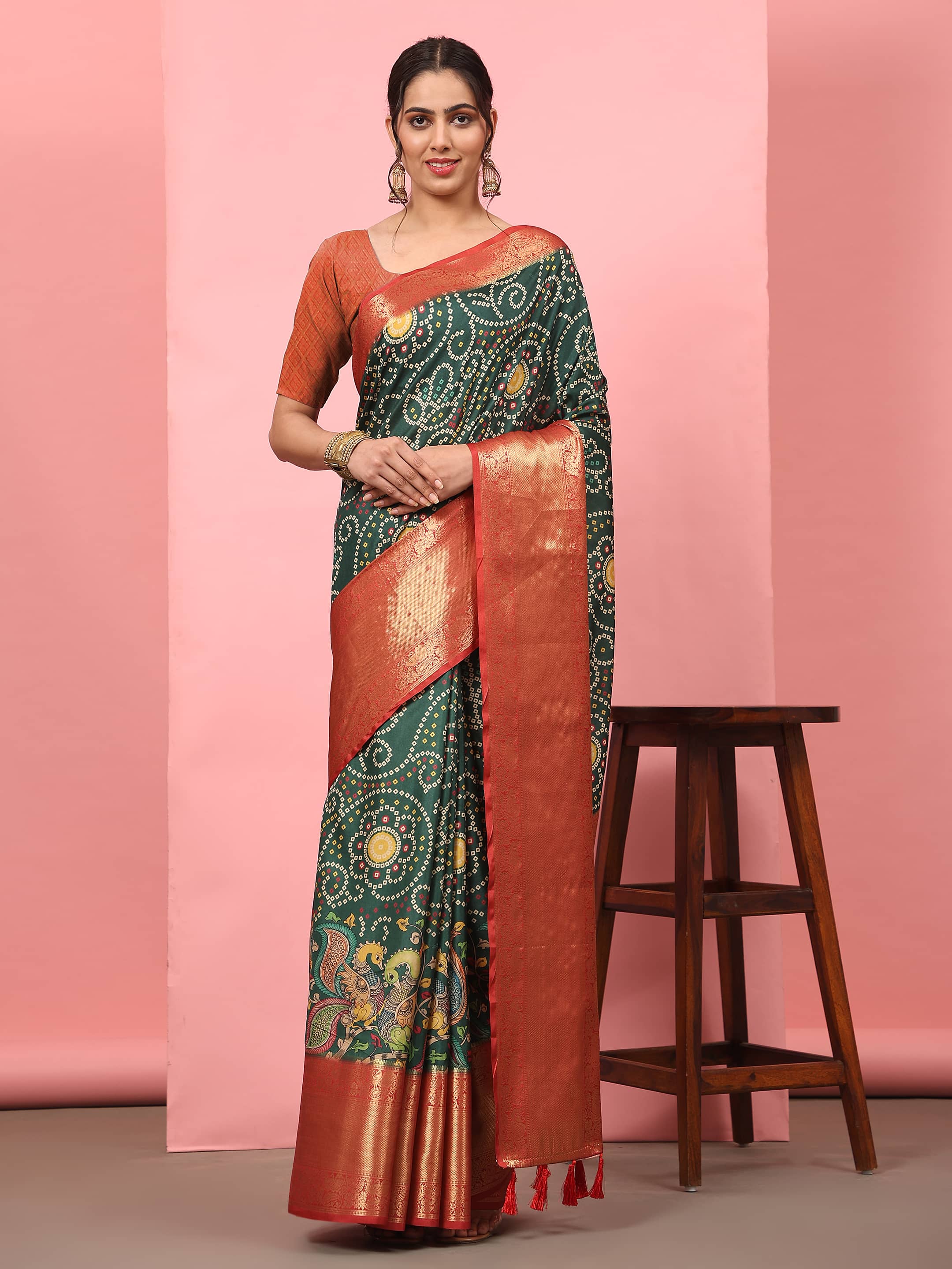 Banarasi Soft Silk Bandhani With Kalamkari Digital Printed Saree