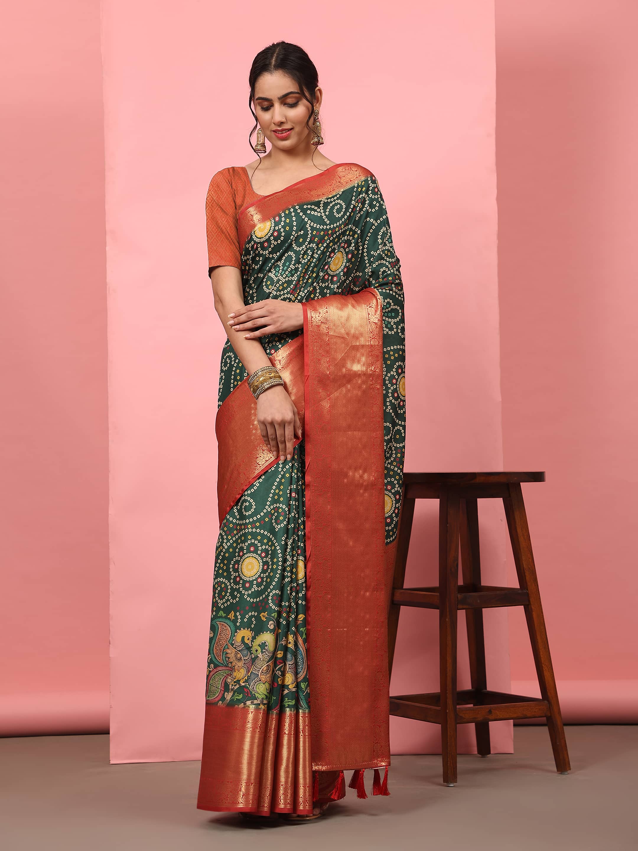 Banarasi Soft Silk Bandhani With Kalamkari Digital Printed Saree
