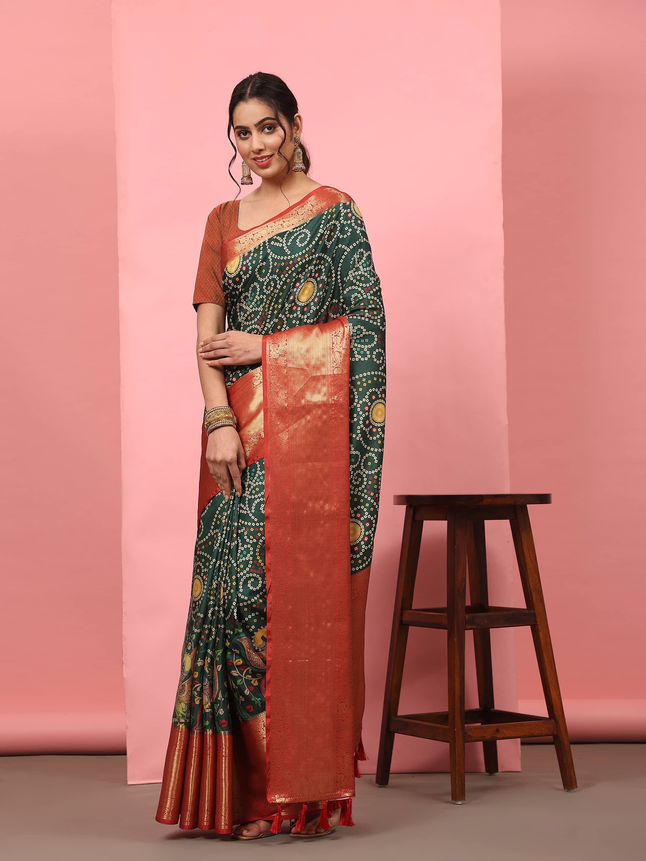 Banarasi Soft Silk Bandhani With Kalamkari Digital Printed Saree