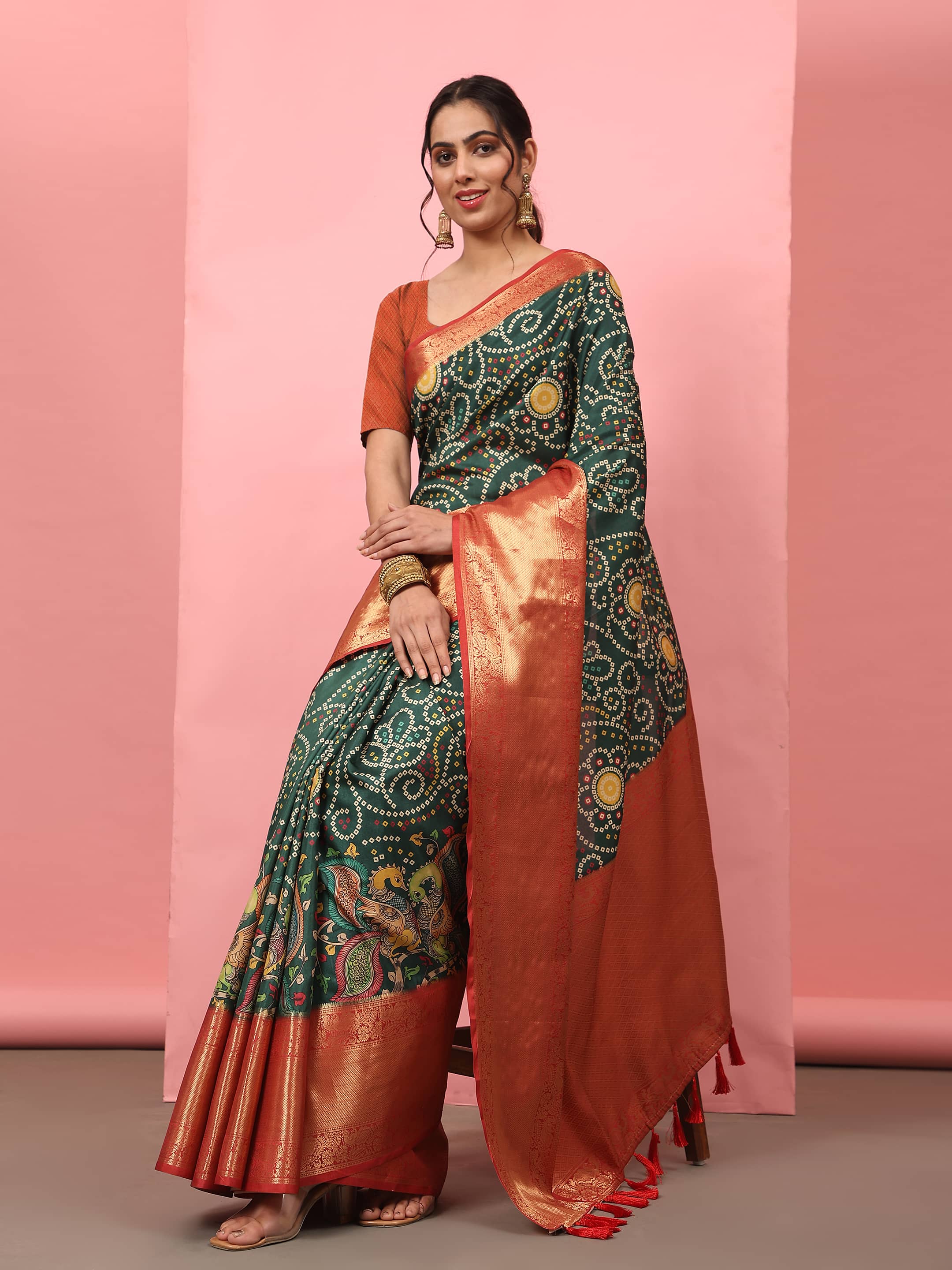 Banarasi Soft Silk Bandhani With Kalamkari Digital Printed Saree