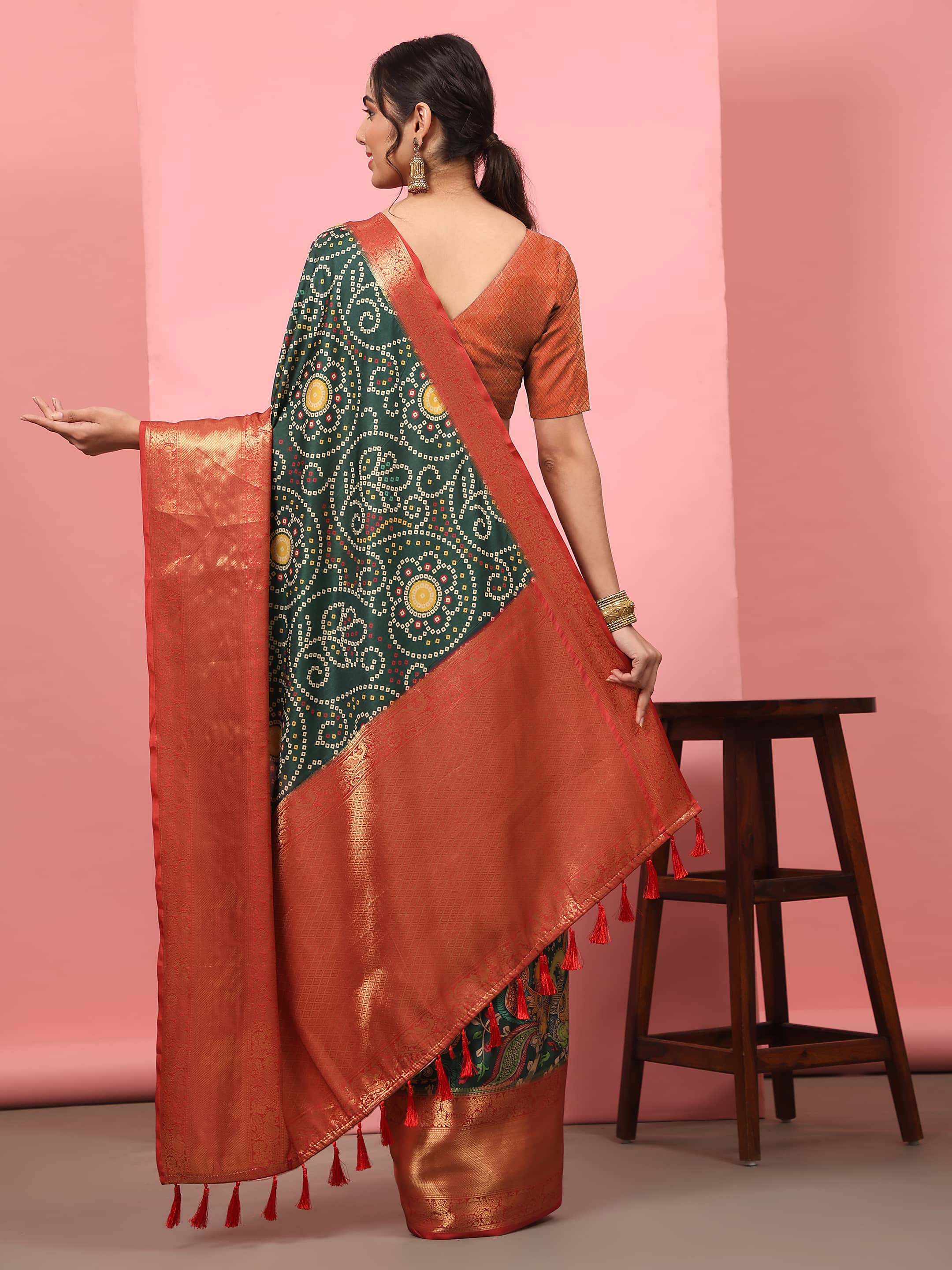 Banarasi Soft Silk Bandhani With Kalamkari Digital Printed Saree
