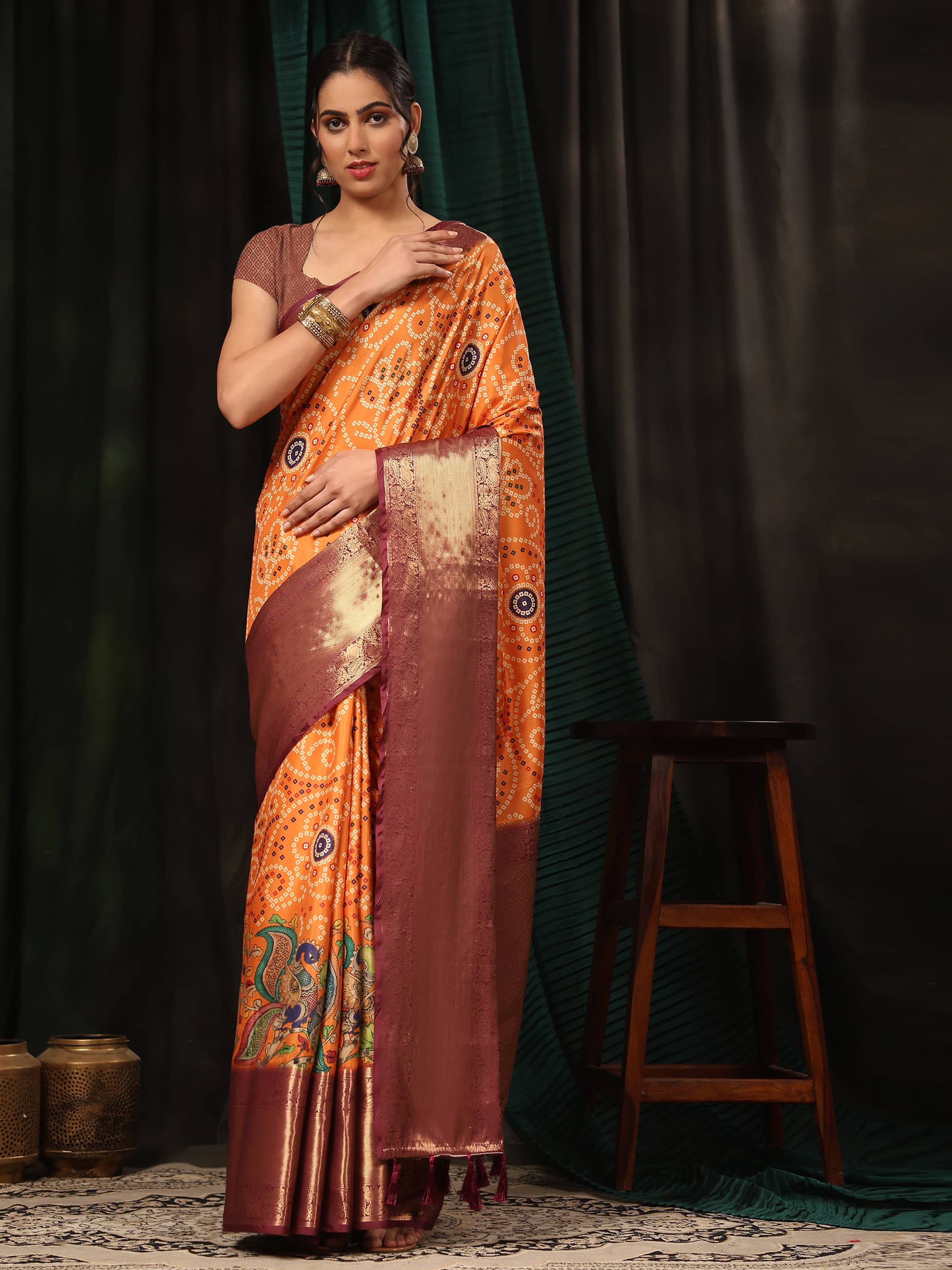 Banarasi Soft Silk Bandhani With Kalamkari Digital Printed Saree