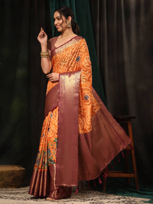 Banarasi Soft Silk Bandhani With Kalamkari Digital Printed Saree