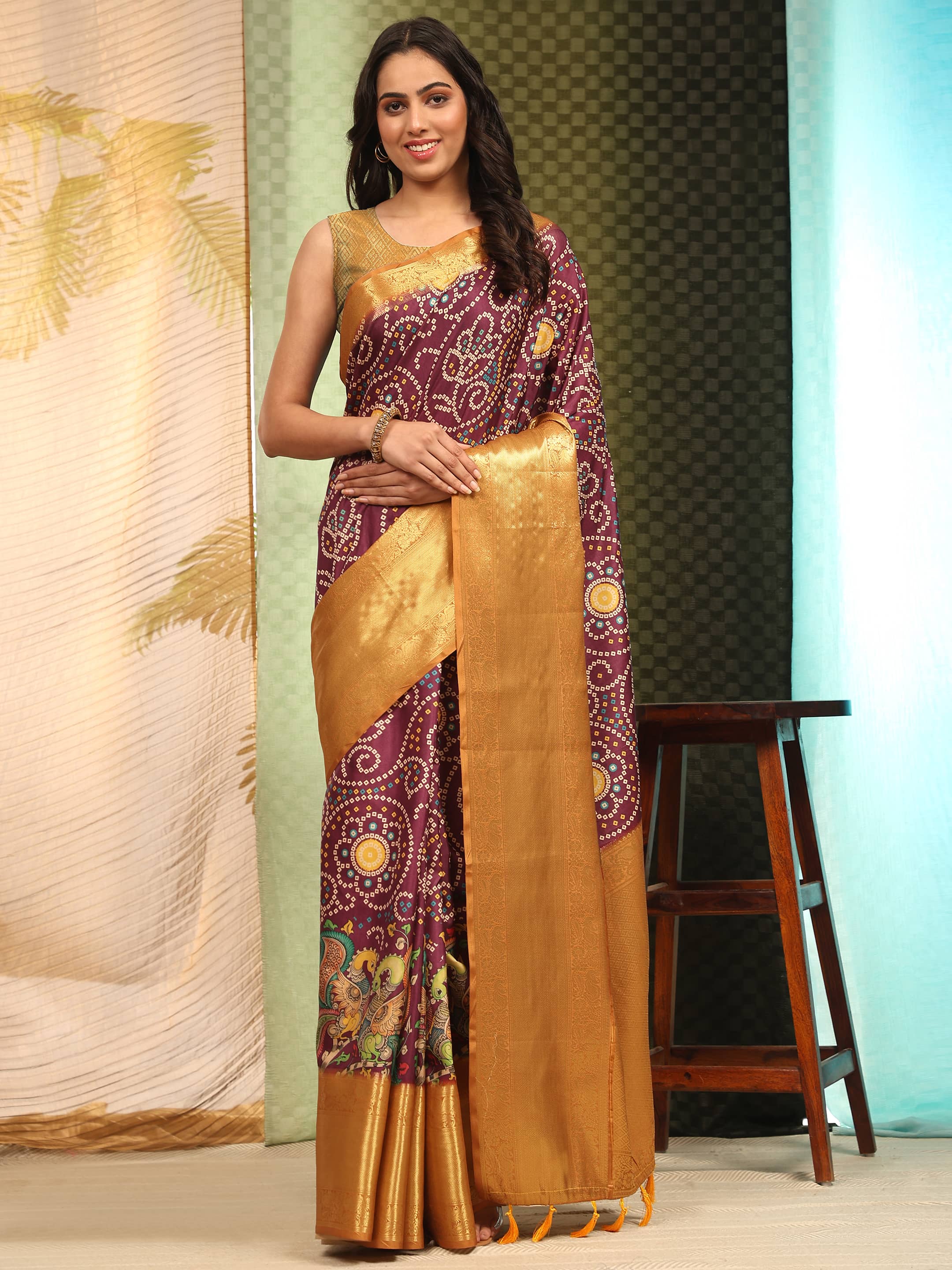 Banarasi Soft Silk Bandhani With Kalamkari Digital Printed Saree