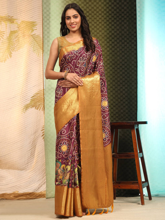 Banarasi Soft Silk Bandhani With Kalamkari Digital Printed Saree
