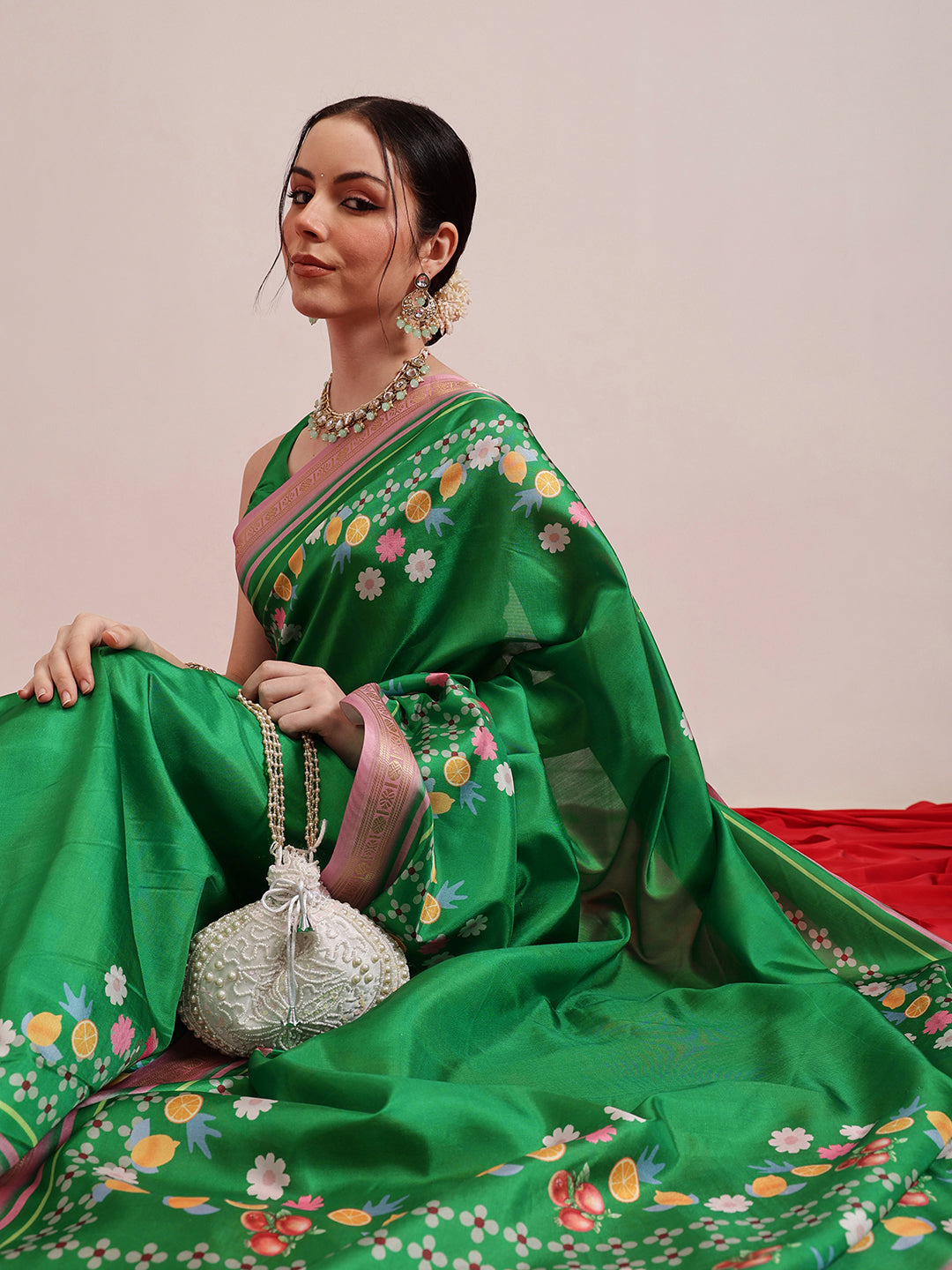 Printed Fruits & Floral Art Silk Saree with Gold Zari Woven Border & Matching Blouse