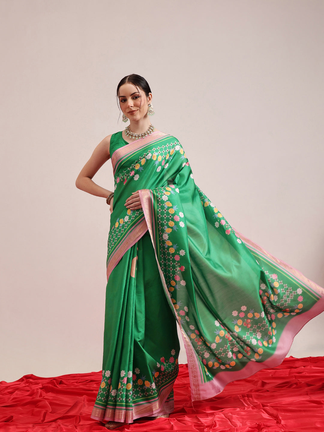 Printed Fruits & Floral Art Silk Saree with Gold Zari Woven Border & Matching Blouse
