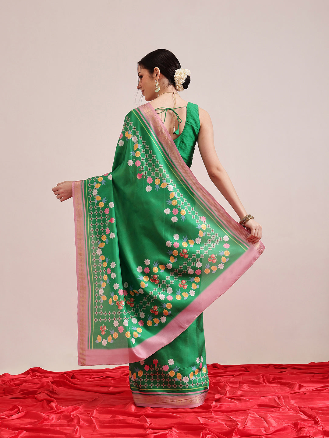 Printed Fruits & Floral Art Silk Saree with Gold Zari Woven Border & Matching Blouse