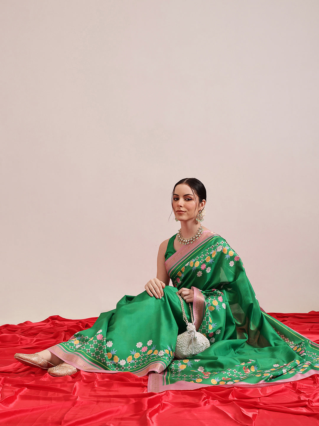 Printed Fruits & Floral Art Silk Saree with Gold Zari Woven Border & Matching Blouse