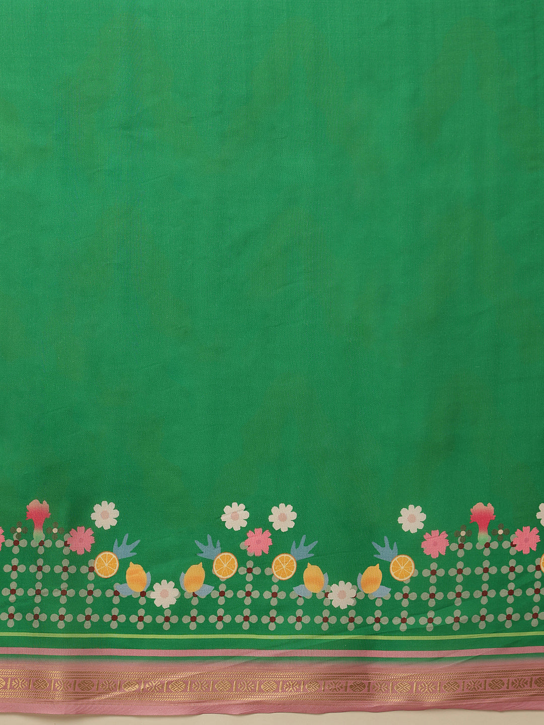 Printed Fruits & Floral Art Silk Saree with Gold Zari Woven Border & Matching Blouse