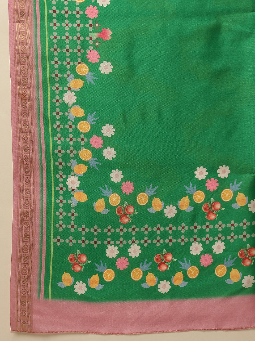 Printed Fruits & Floral Art Silk Saree with Gold Zari Woven Border & Matching Blouse