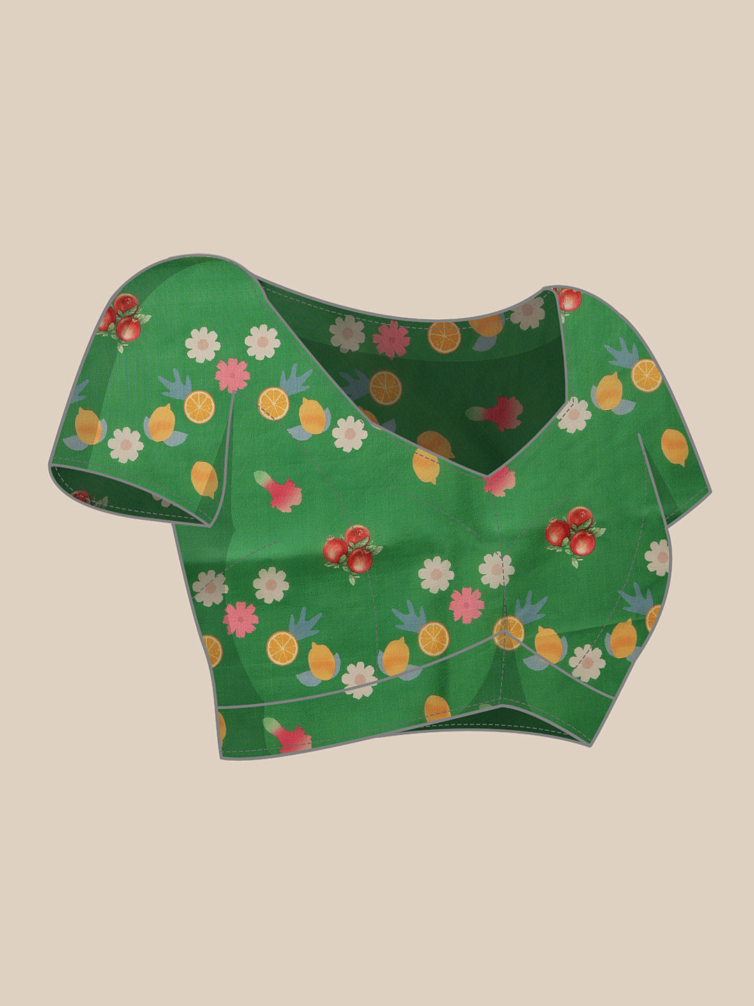 Printed Fruits & Floral Art Silk Saree with Gold Zari Woven Border & Matching Blouse