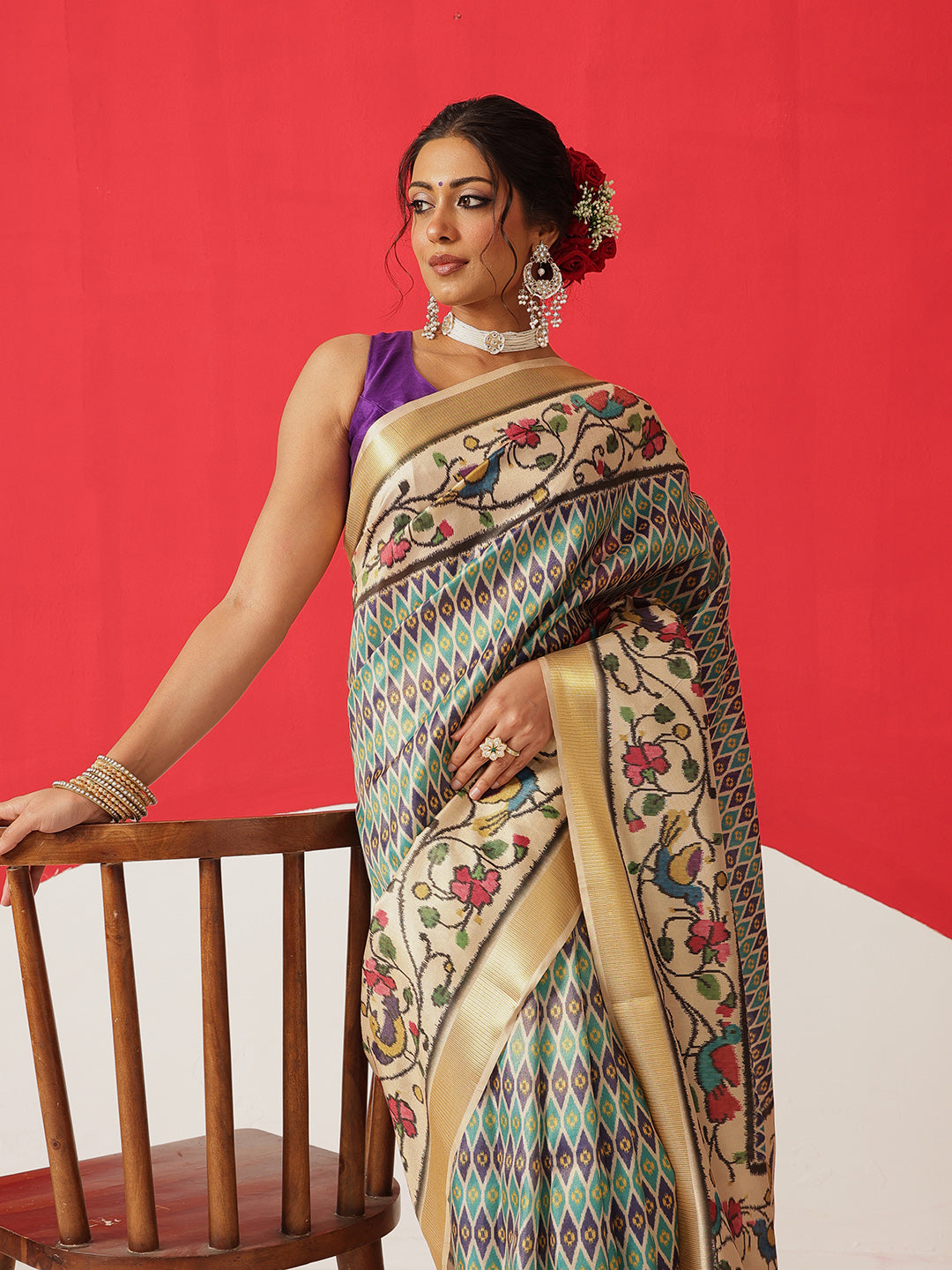 Digital Printed Soft Tissue Silk Saree With Zari Work & Tassels