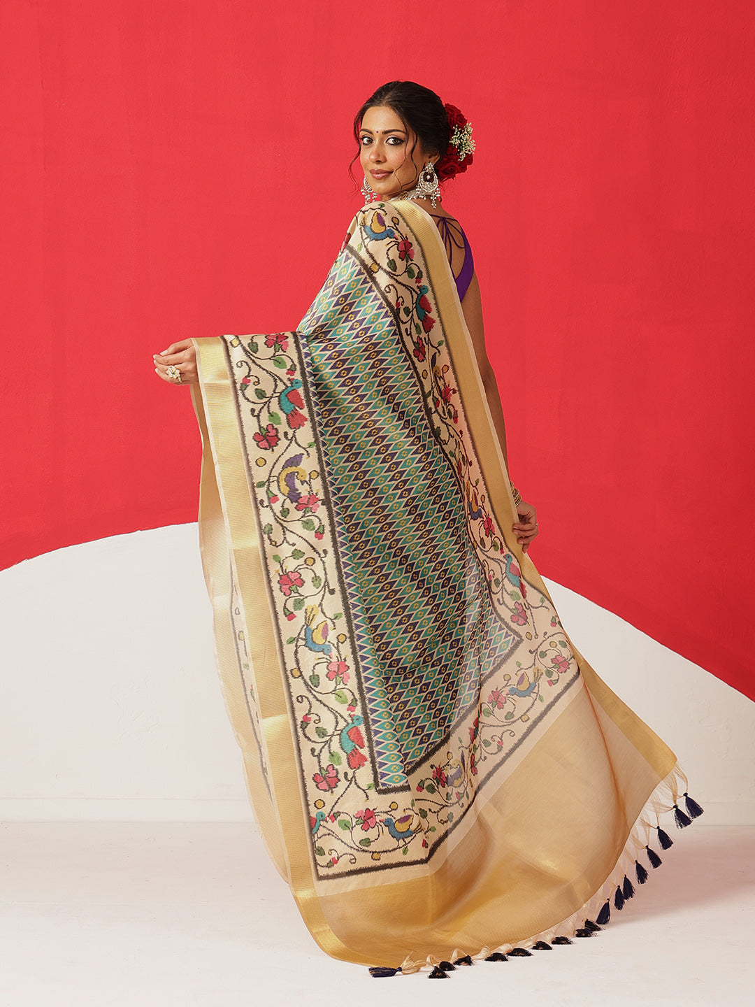 Digital Printed Soft Tissue Silk Saree With Zari Work & Tassels