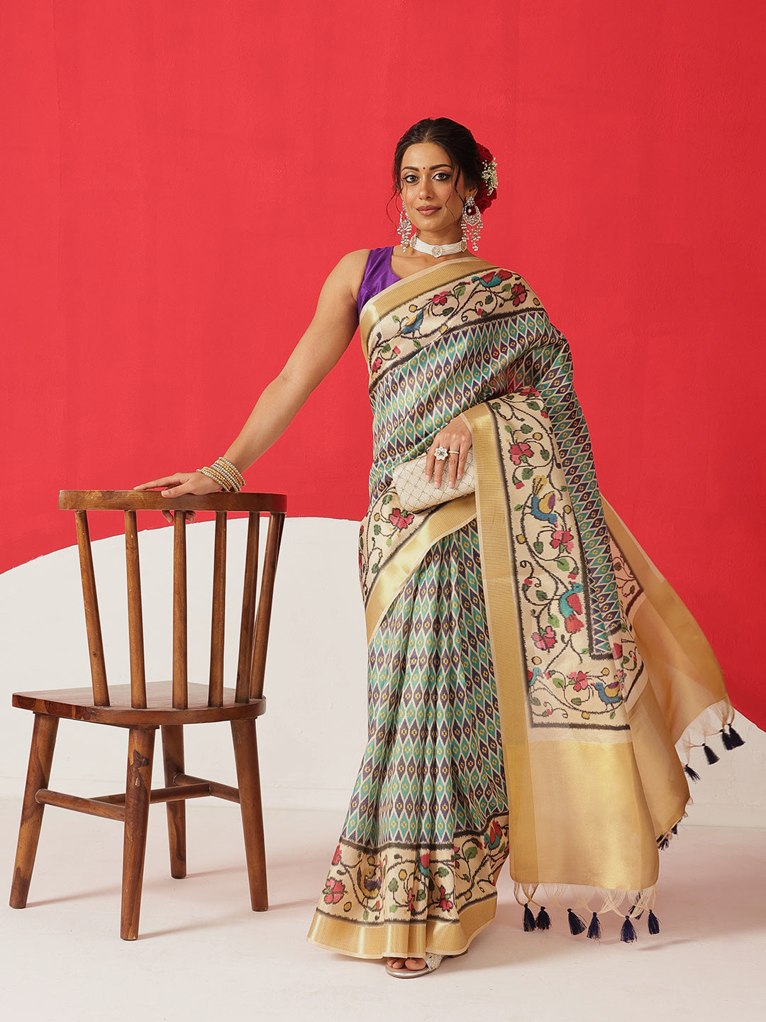 Digital Printed Soft Tissue Silk Saree With Zari Work & Tassels