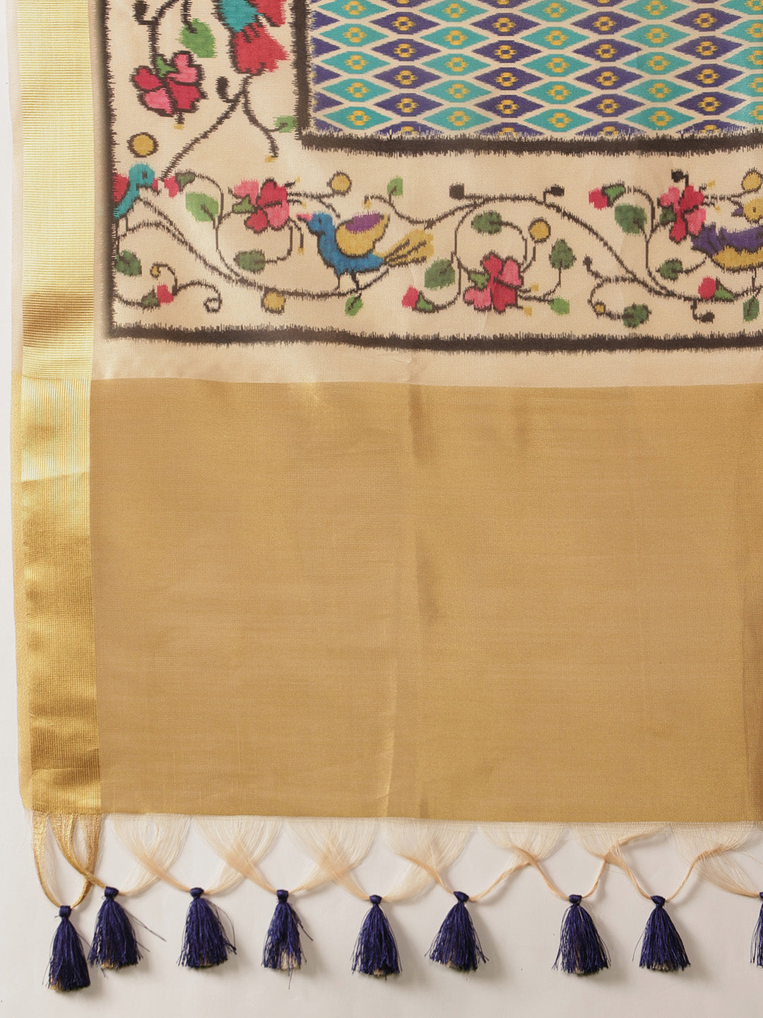 Digital Printed Soft Tissue Silk Saree With Zari Work & Tassels